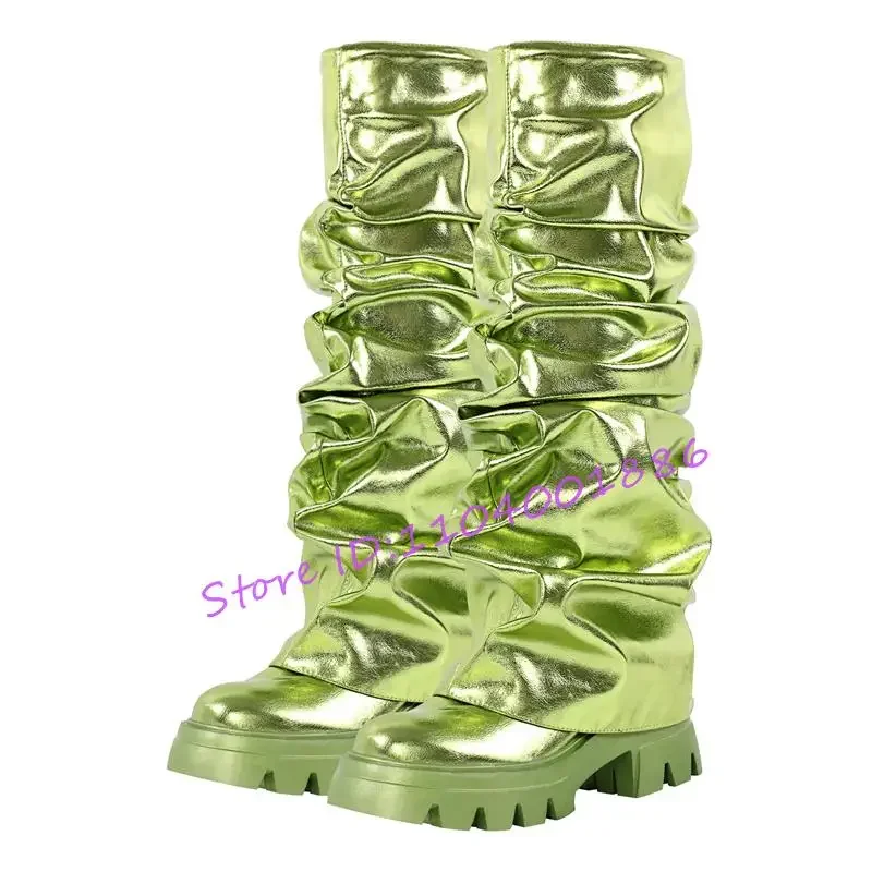 Trendy Green Knee High Boots Women\'s Platform Round Toe Pleated Motorcycle Boots New Thick Bottom Gold Silver Large Size Shoes