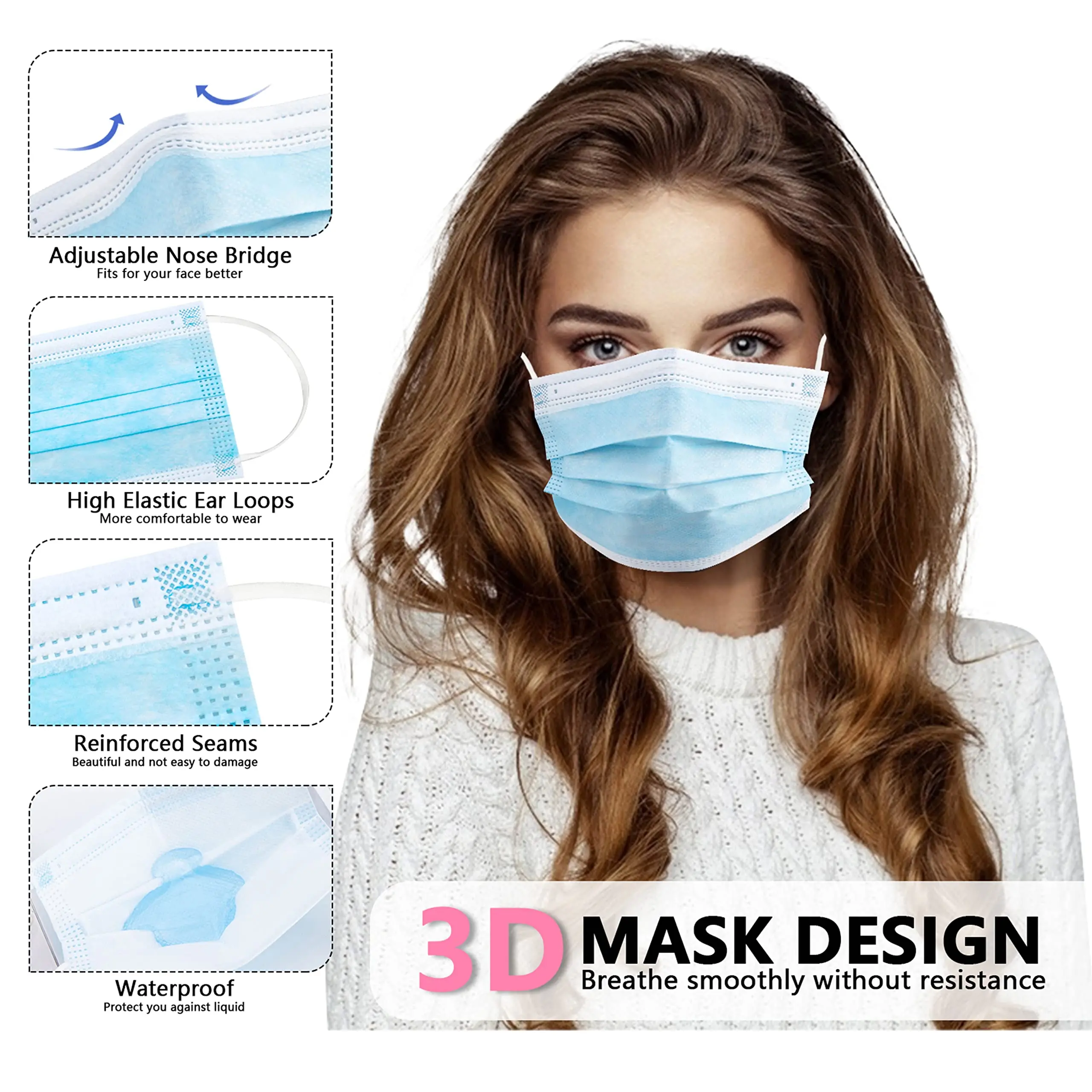 50/100 PCS Box Blue Face Masks Disposable Face Masks 3 Ply Protection Breathable Comfortable Safety Shield For Home Office Use