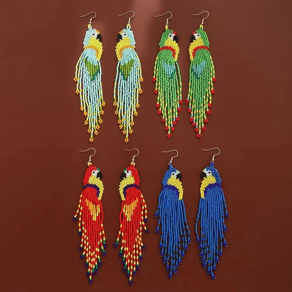 Beaded earrings Tassel Parrot Design Originality Hand knitting Bohemia Alloy Tide Simple Female Rice bead earrings