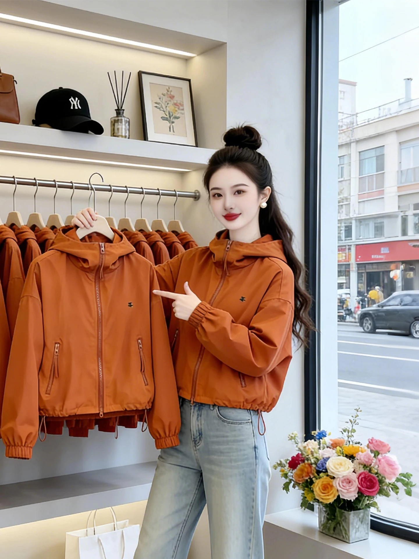 

Simple Orange Hooded Jacket Women's Fashion Casual Top Spring Autumn New Style Breathable Short Coat with Zipper And Drawstring
