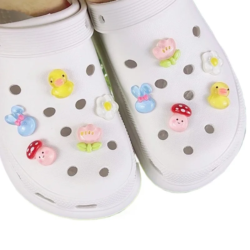 10PCS Fashion Shoe Charms Set Accessories Hole Shoe Buckle Cute Cartoon Yellow Duck Flowers  DIY Shoes Decorations Kids Gift