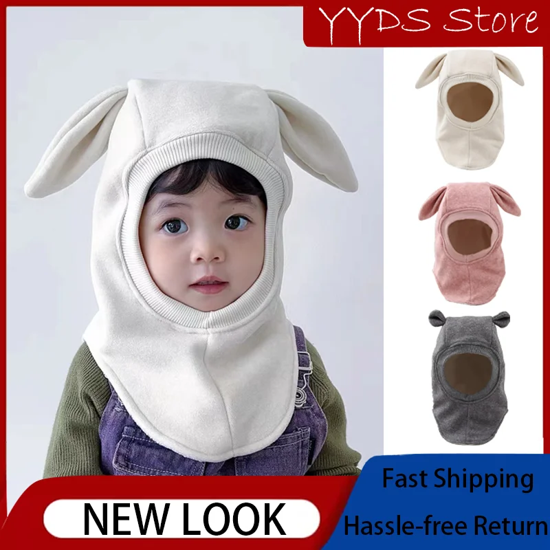 Winter Children\'s Wool Tweed Adjustable Pullover Cartoon Rabbit Ear Guard with Neck Cap Baby Balaklava Hat