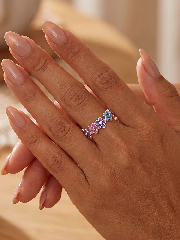Ring aus 925er-Sterlingsilber mit bunten, romantischen Blumen für Frauen, Verlobung, Jahrestag, hochwertiger edler Schmuck – Detail 3
