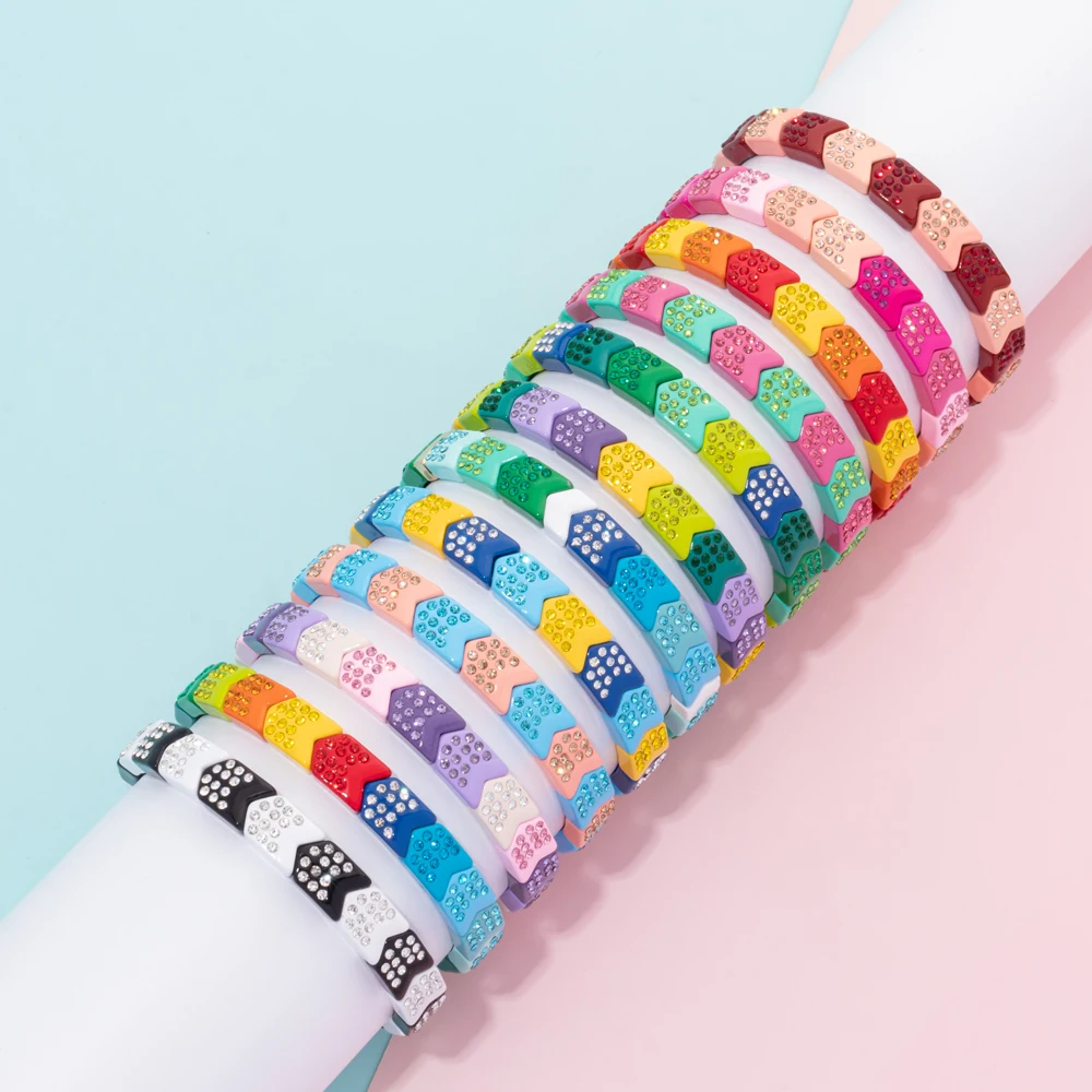 2023 New Design Paved Diamond Enamel Bracelets Colorful Beads Arrow Shape Elastic Bangle For Women Boho Stretch Jewelry