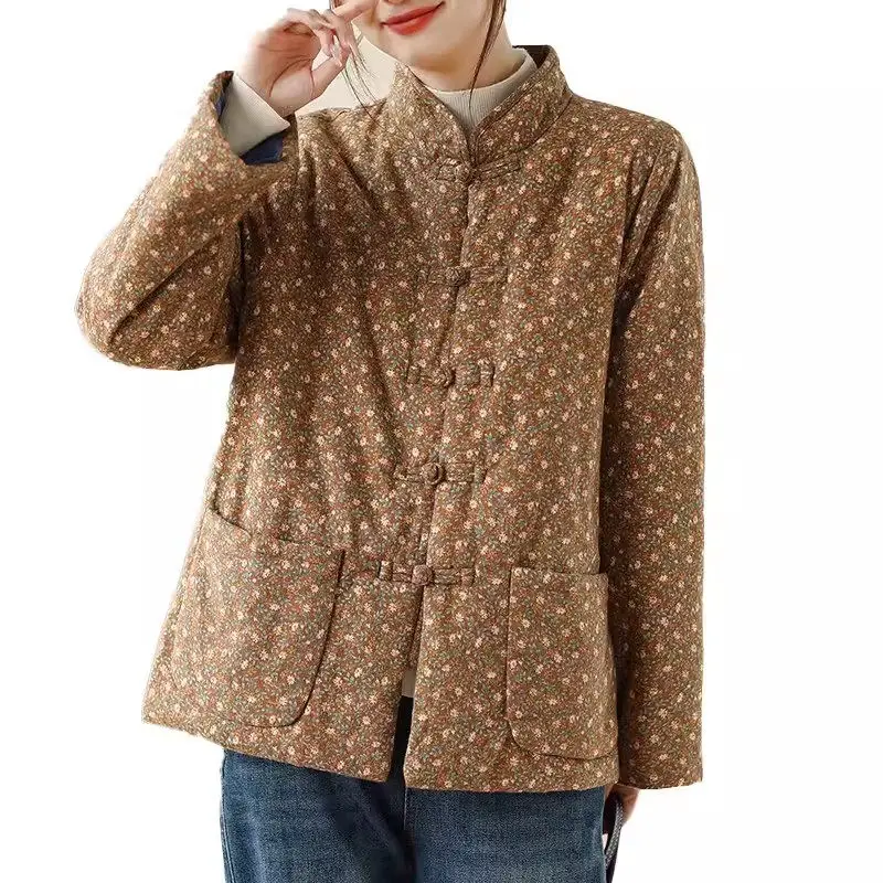 Middle Aged And Elderly Mothers Cotton Clothes For Women Autumn Winter 2024 Retro Floral Women\'s Quilted Jacket Short Coat K144