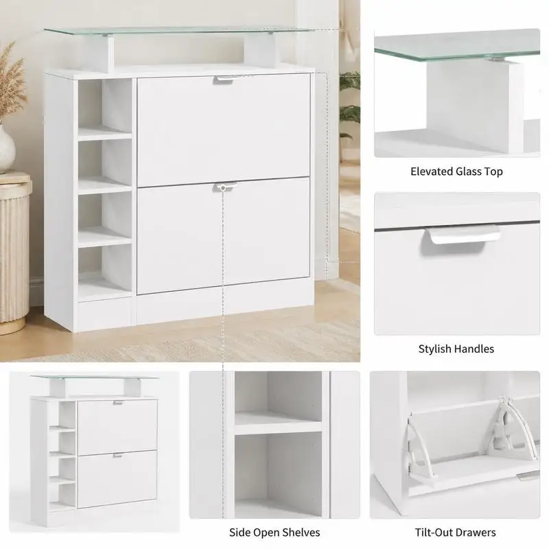 Meuble à chaussures avec 2 tables rabattables pour 12 paires, plateau en verre et étagères réglables, 89 x 25 x 92 cm, blanc. Structure de rangement multi-niveaux pour organiser le rangement des articles quotidiens.