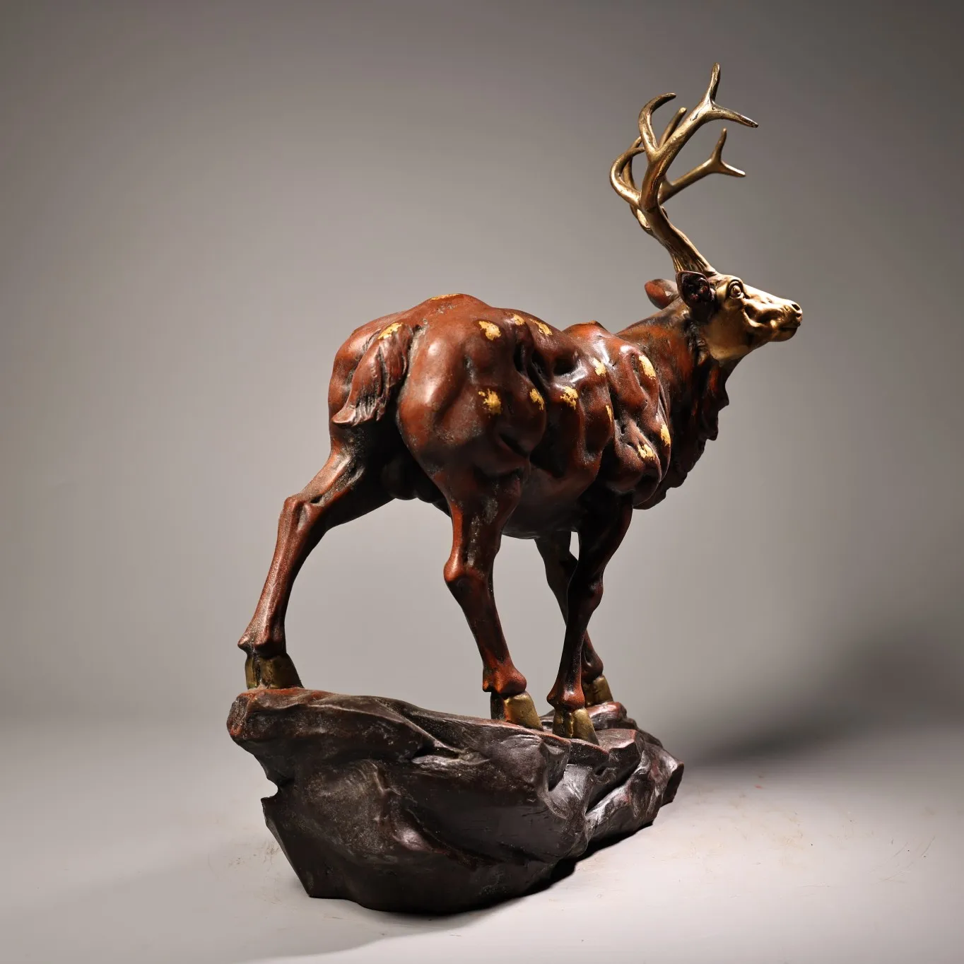 

14"Old Xizang Folk Collection Old Bronze Gilded True Gold Fairy Deer spirit deer Cervidae Gather fortune ornament Town House