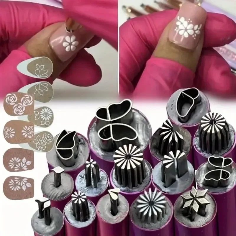 Conjunto de canetas para estampagem de nail art, pontas de aço inoxidável, sem perfume, com padrões de flores e geométricas para manicure e pedicure DIY