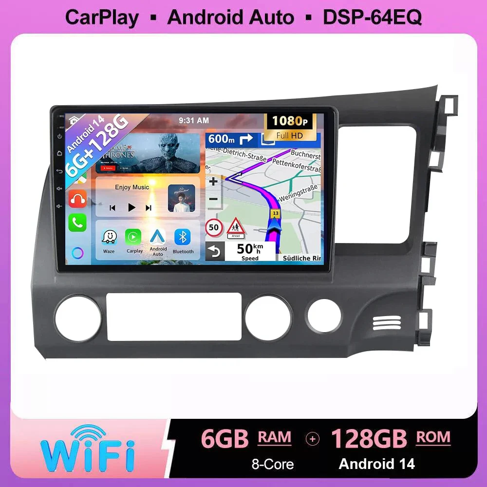 Android 14 Car Radio for Honda Civic RHD 2005 -2011 2012 Multimedia Player 2 Din Right Hand Drive Navi GPS Carplay DSP DVD