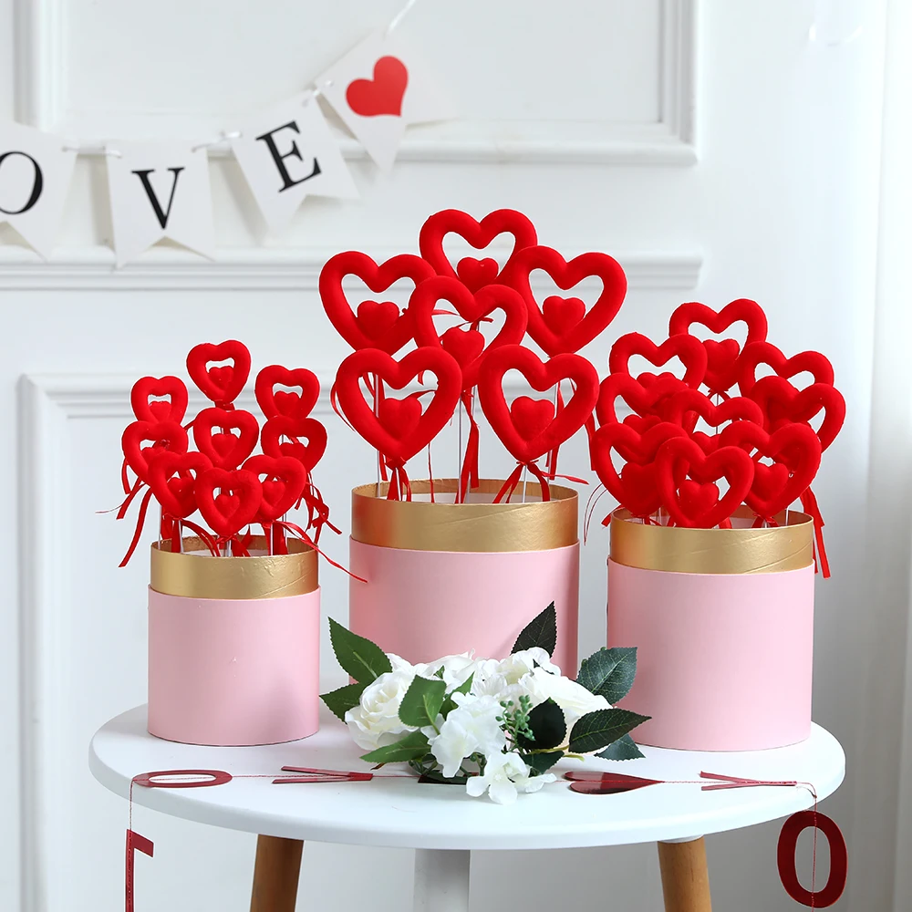 6/12Pcs Valentine‘s Day Decoration Glitter Foam Red LOVE Heart Bouquet White Bear Sticks Branches Home Cuttings Wedding Supplies
