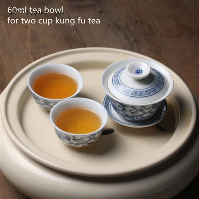 Mini Chinese Palace Style Tea Bowl Ceramic Teacup Blue and White Kung Travel Fu Tea Set Small Tureen Porcelain Cup Flower Gaiwan