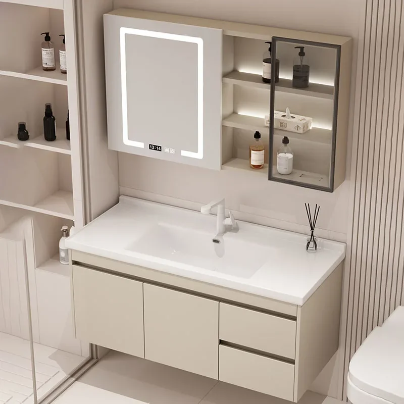 

Ceramic Integrated Bathroom Cabinet Combination Basin Modern Simple Bathroom Washbasin Intelligent Solid Wood Furniture