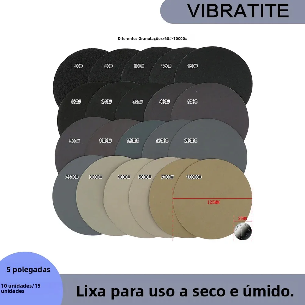 Lixa Úmida e Seca de 5 Polegadas, 10/15 Peças, com Fixação por Gancho e Laço, Disco de Lixamento de 125mm para Lixadeira Roto-Orbital, para Polimento de Madeira e Metal