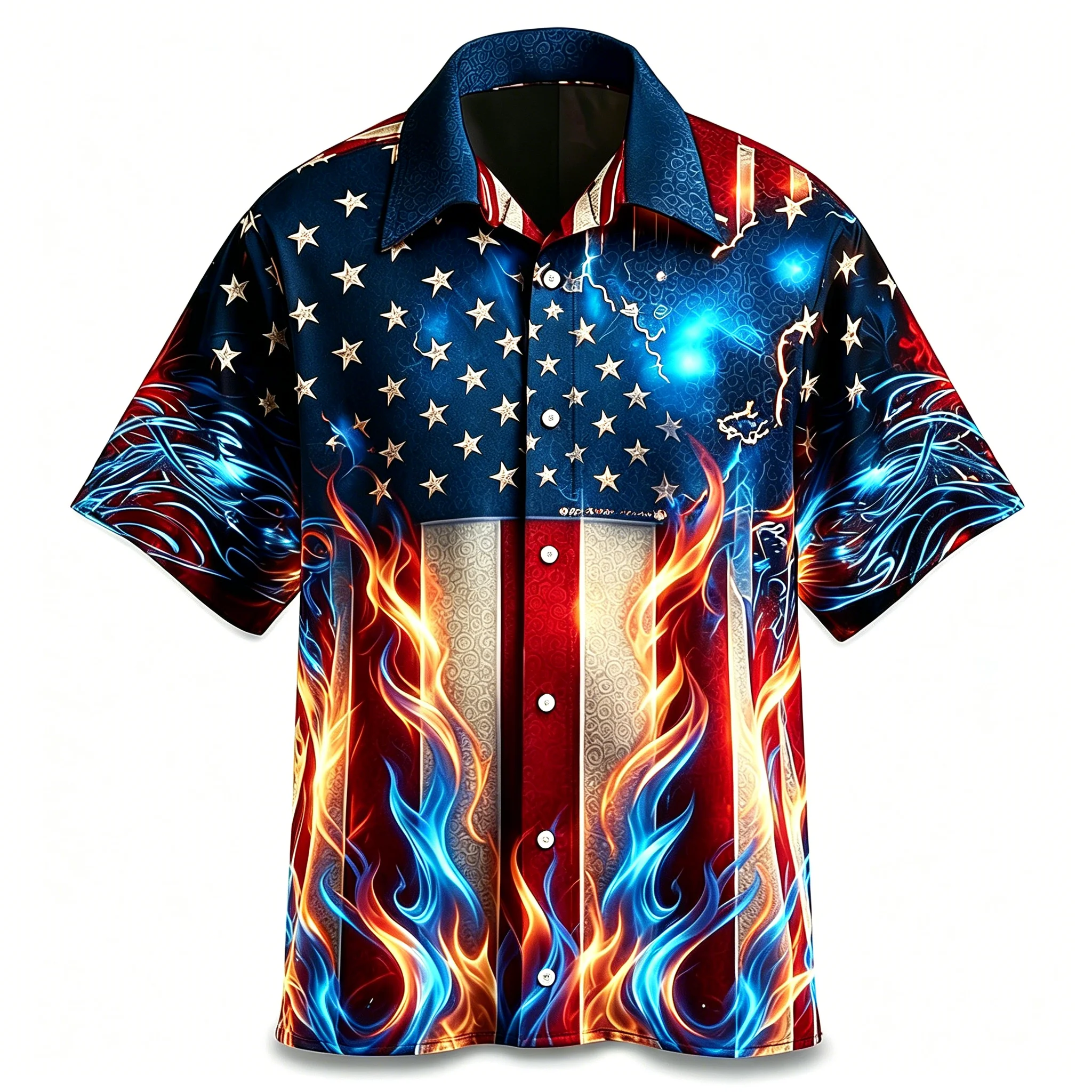 

Men's US Flag Flame Print Short Sleeve Shirt Star Striped Neon Graphic Casual Button Down Top for Spring & Summer