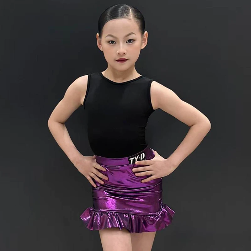 

Новая одежда для латинских танцев, летний черный танцевальный костюм без рукавов для девочек, фиолетовая юбка, детская одежда для латинских танцев, одежда для тренировок VBH2652