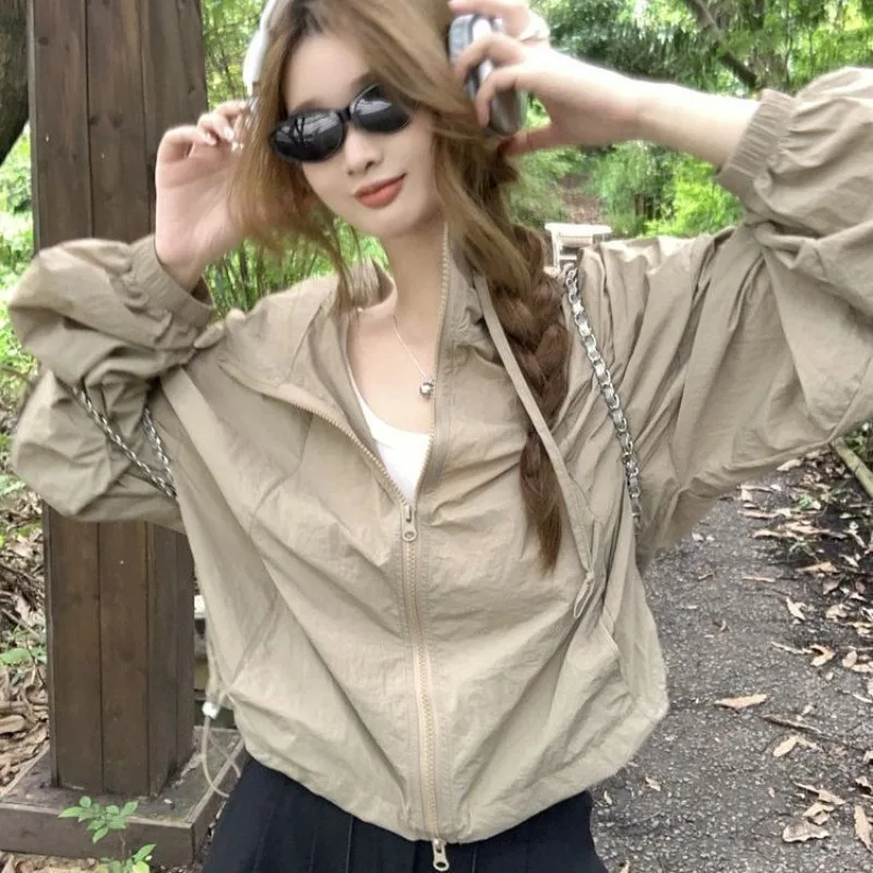

American Sweet Cool Summer Sun Protection Harajuku High Street Vintage Safari Style Zipper Cardigan Y2k Side Drawstring Hoodies