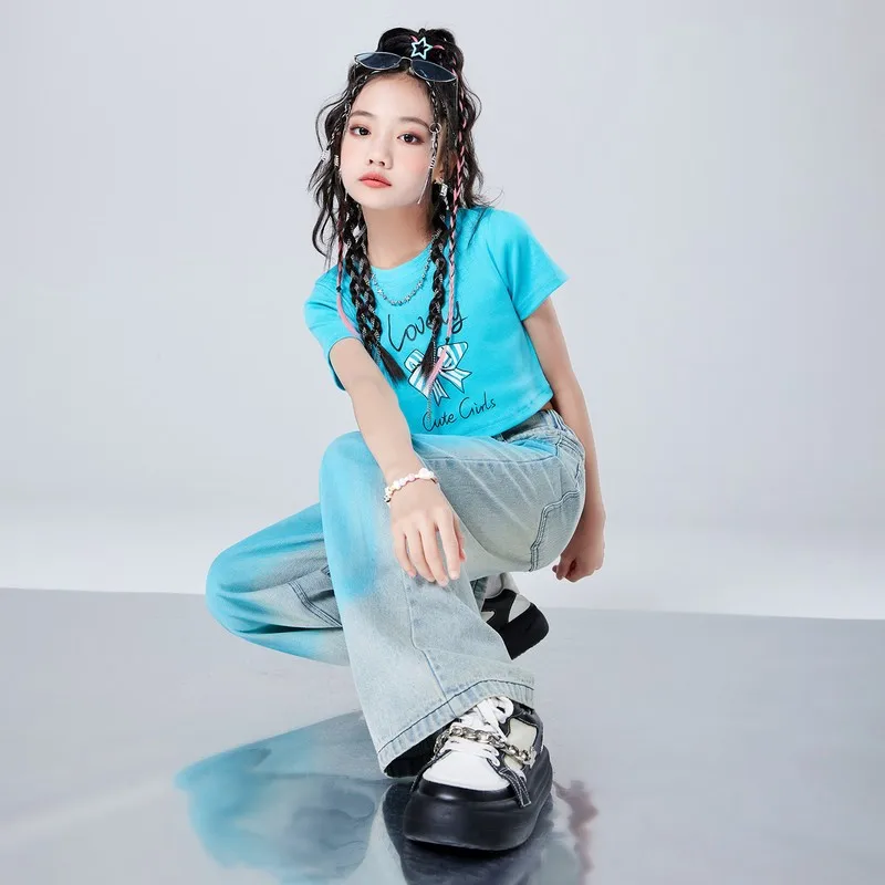 Girls Hip Hop Clothing Crop Top Splash Ink Denim Pant for Kids Street Dance Blue Clothes Sets Children Streetwear Teens Outfits