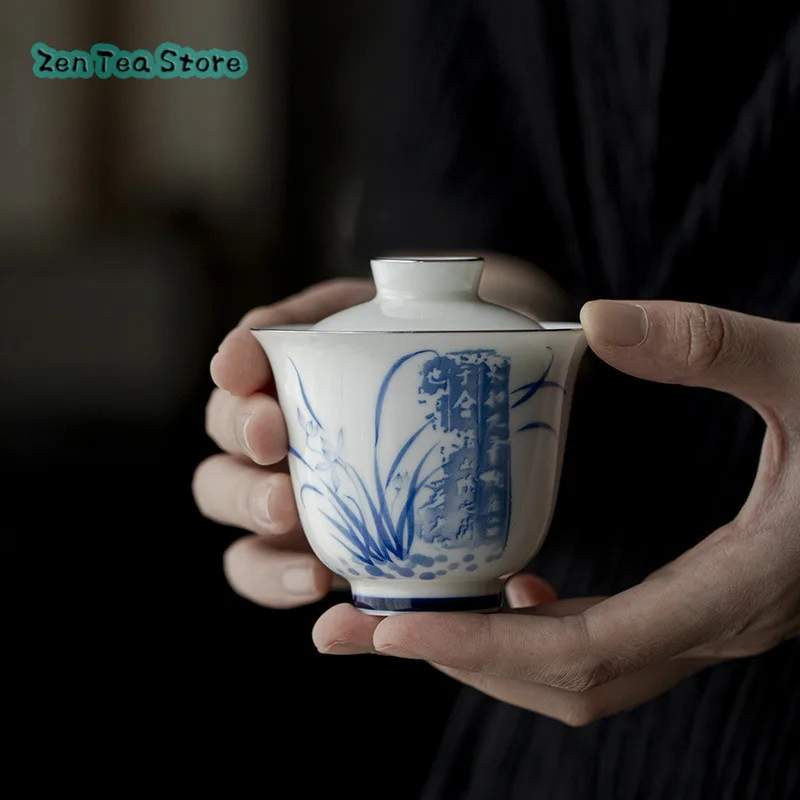 Blue And White Rubbings Orchid Pavilion Order Literati Cover Bowl Jade Clay White Porcelain Hand-painted Orchid Tea Bowl