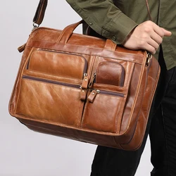 Casual retro leather men's briefcase 15.6-inch business handbag single shoulder crossbody bag cowhide male ipad bag