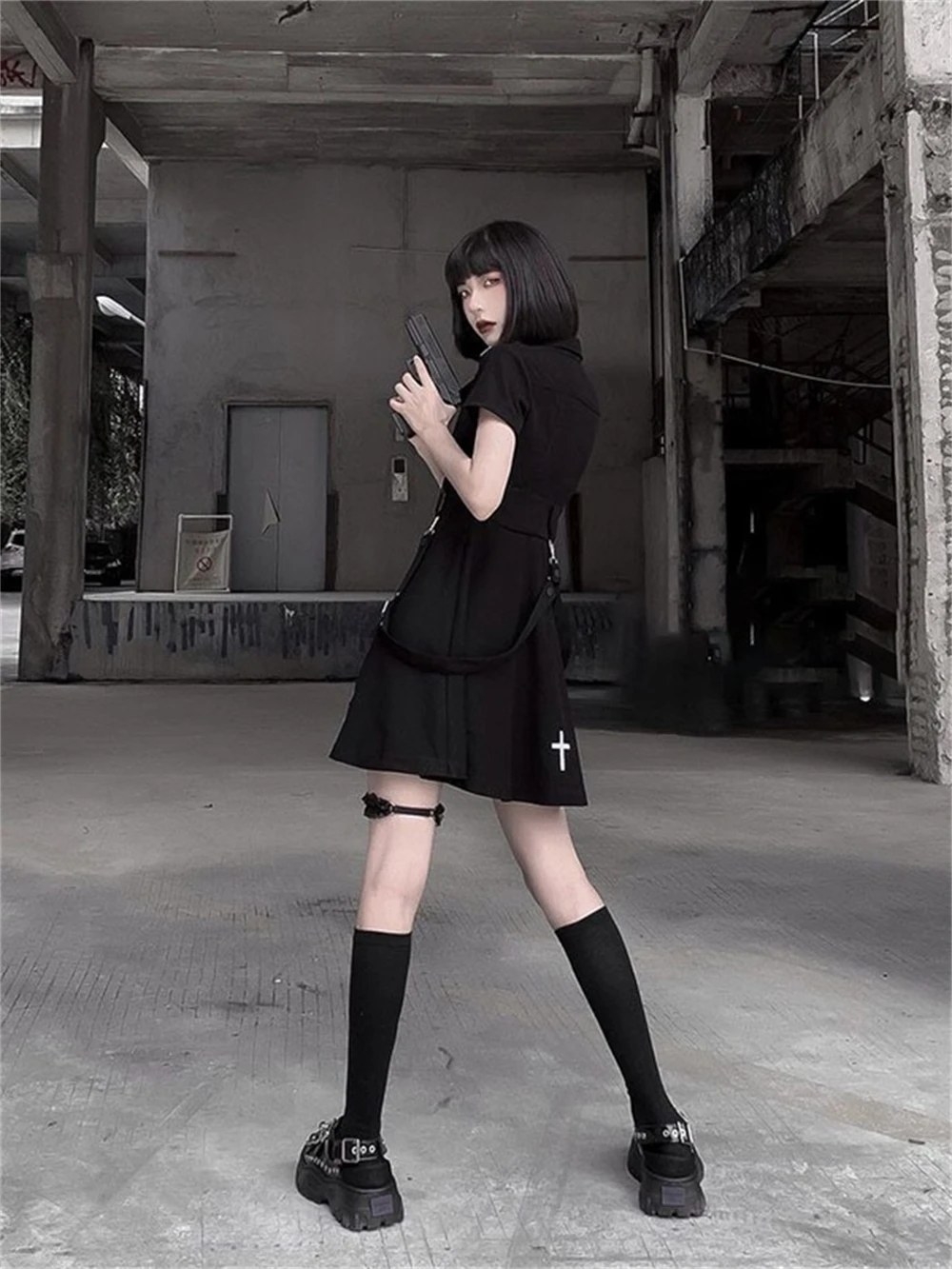 Goth Black Techwear Cargo Mini Dress Women Japanese Lolita Y2k High Waist Emo Dresses Harajuku Female Egirl Grunge Robe Vestidos