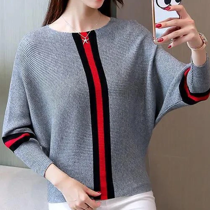 Autumn New Knitting Loose All-match Sweaters Long Sleeve O-neck Contrast Plus Size Pullovers Fashion Elegant Women Clothing