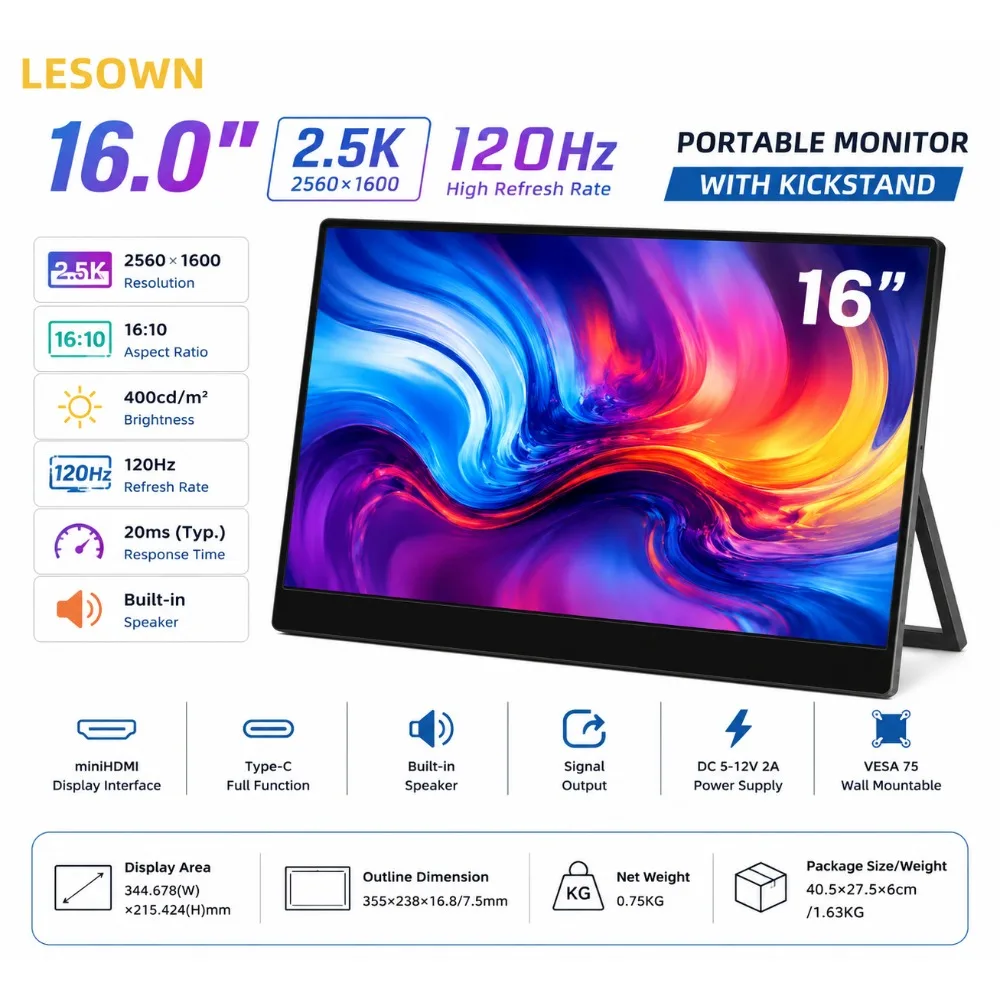 LESOWN 16 Inch 16:10 120Hz Travel Display 2560x1600 Plug & Play Mobile Monitor with Speakers for MacBook