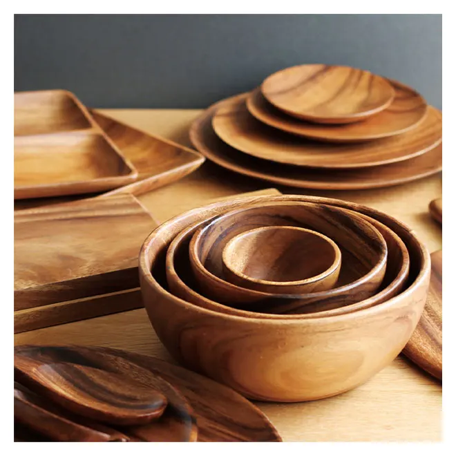 Delicate quality smooth texture warm natural acacia tray wooden board bowl set