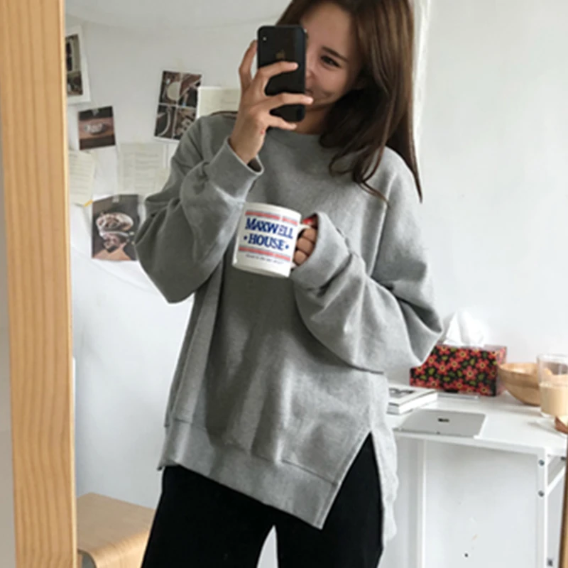 

Women Clothing T Shirt Solid Black O Neck The Hem Is Split Designer Ladies Fashion Cloth Cotton Tops Ropa Mujer Women's Clothing