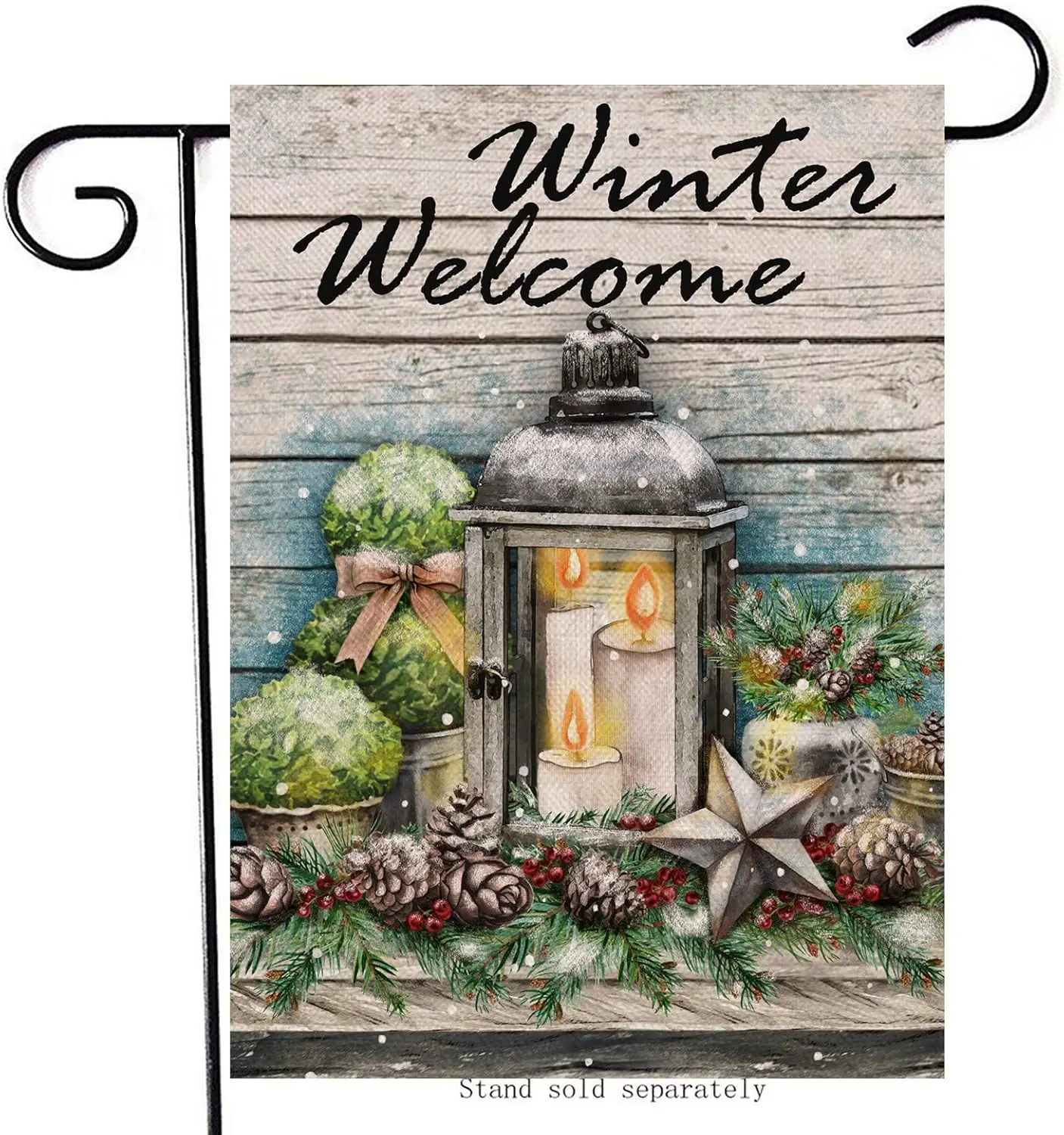 Artofy Winter Welcome Decorative Garden Flag Candle Lantern, House Yard Lawn Pine Branches Red Berry Pinecone Outdoor Decor, Sta