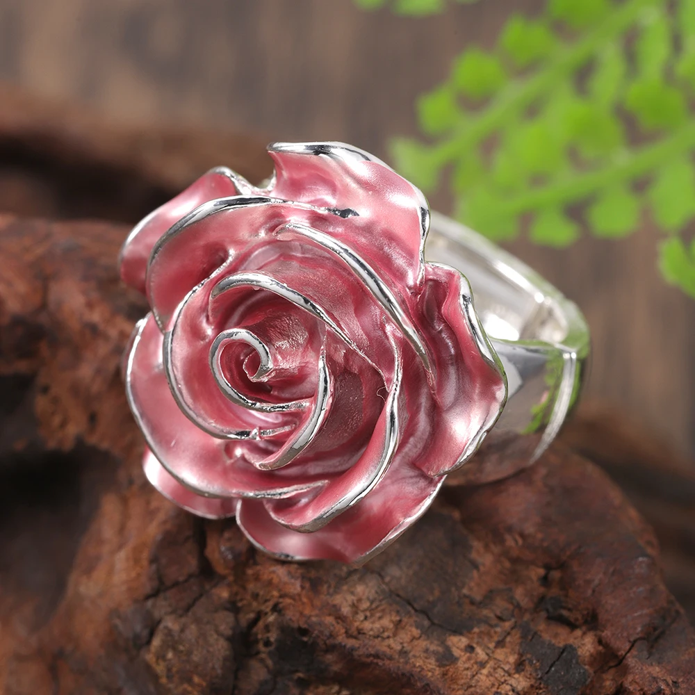 Fashion Drip Oil Flower Rings for Women Accessories Trendy Elastic Adjustable Wide Silver Color Ring Party Prom Jewelry Gift