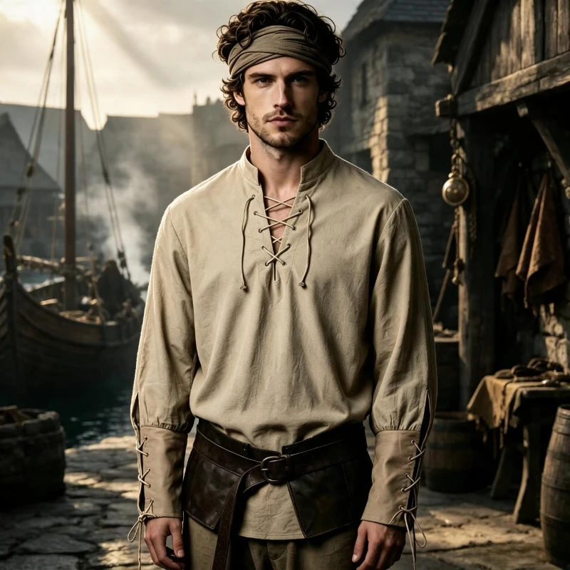 Men Medieval Viking Renaissance Pirate Shirt, Long Sleeve Lace Up Stand Collar Casual Cotton Linen Cosplay Blouse