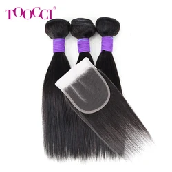 Extensiones de cabello humano brasileño Natural Remy, extensiones de cabello humano liso, 4x4, cierre de encaje suizo transparente, 3 mechones