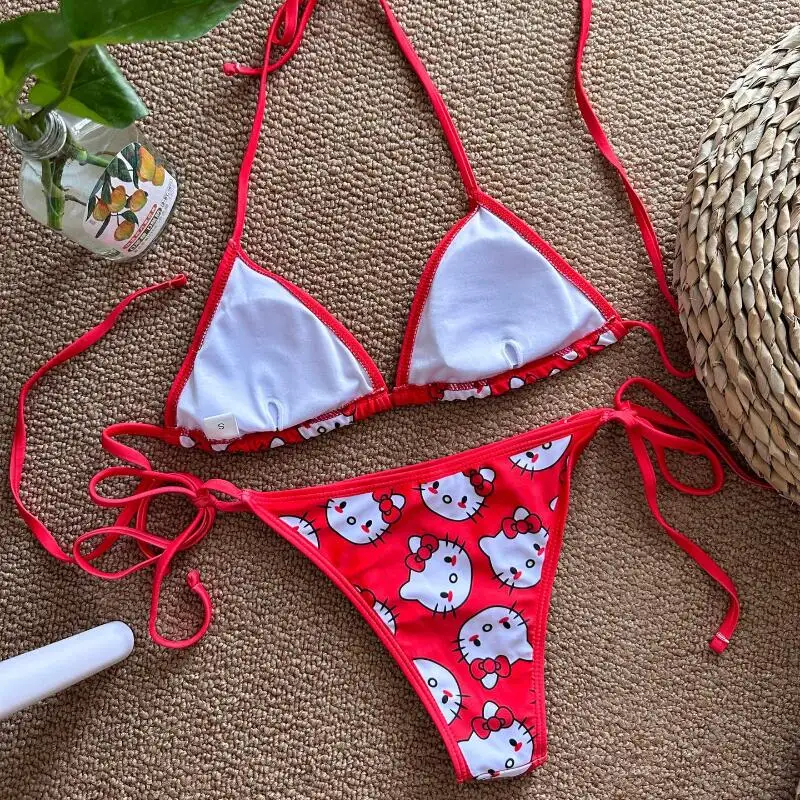 Kawaii Hello Kitty Bikini Set Anime My Melody Kuromi Donna Cartoon Stampa Triangolo String Costume da bagno Y2K Vintage Beachwear Costumi da bagno