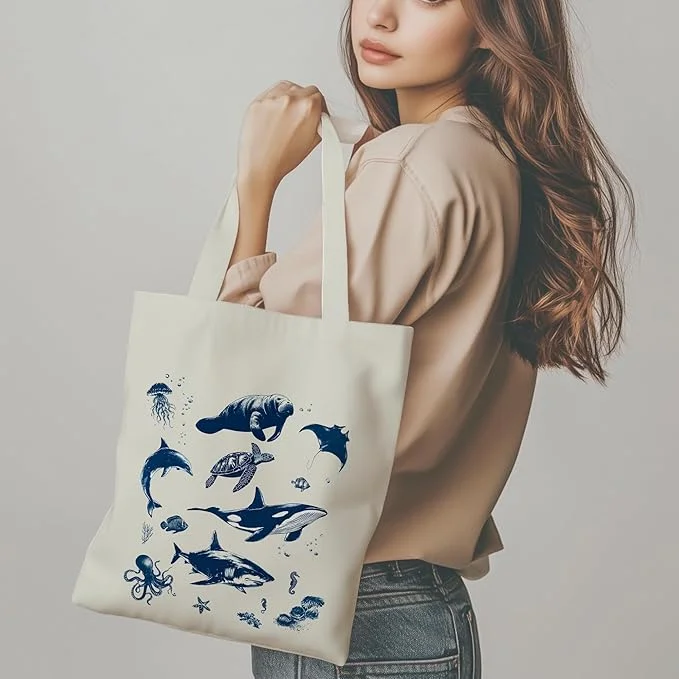 Minimalist Blue Ocean Creatures Print Tote Bag Boho Canvas Shoulder Bag with Whale Shark Design Casual Fashion Handbag for Women