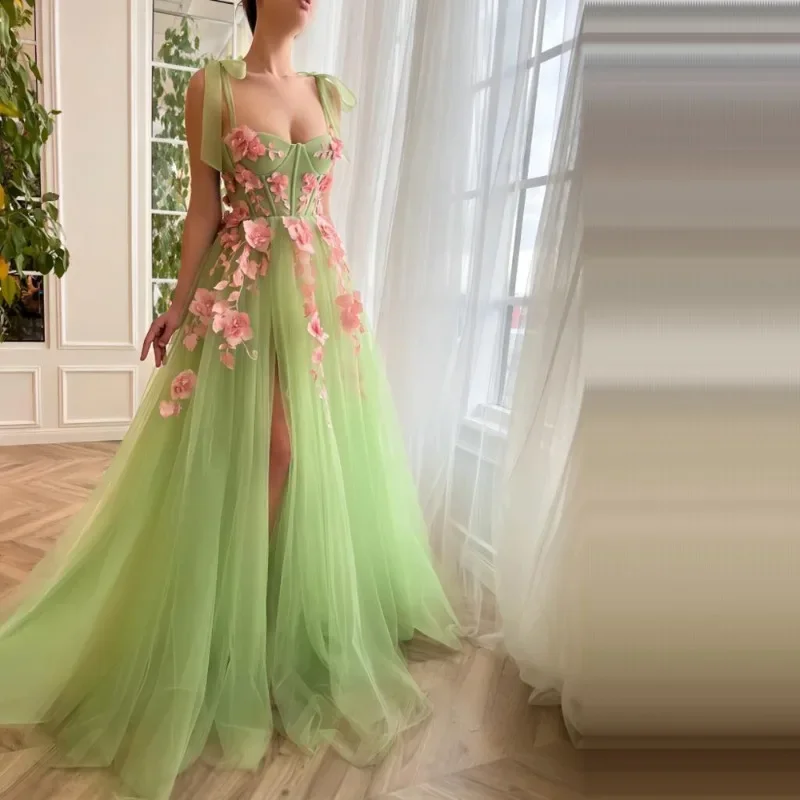 New Women's Luxury Camisole Strapless A-line Skirt, High-quality French Slit Green Three-dimensional Flower Dress 2026