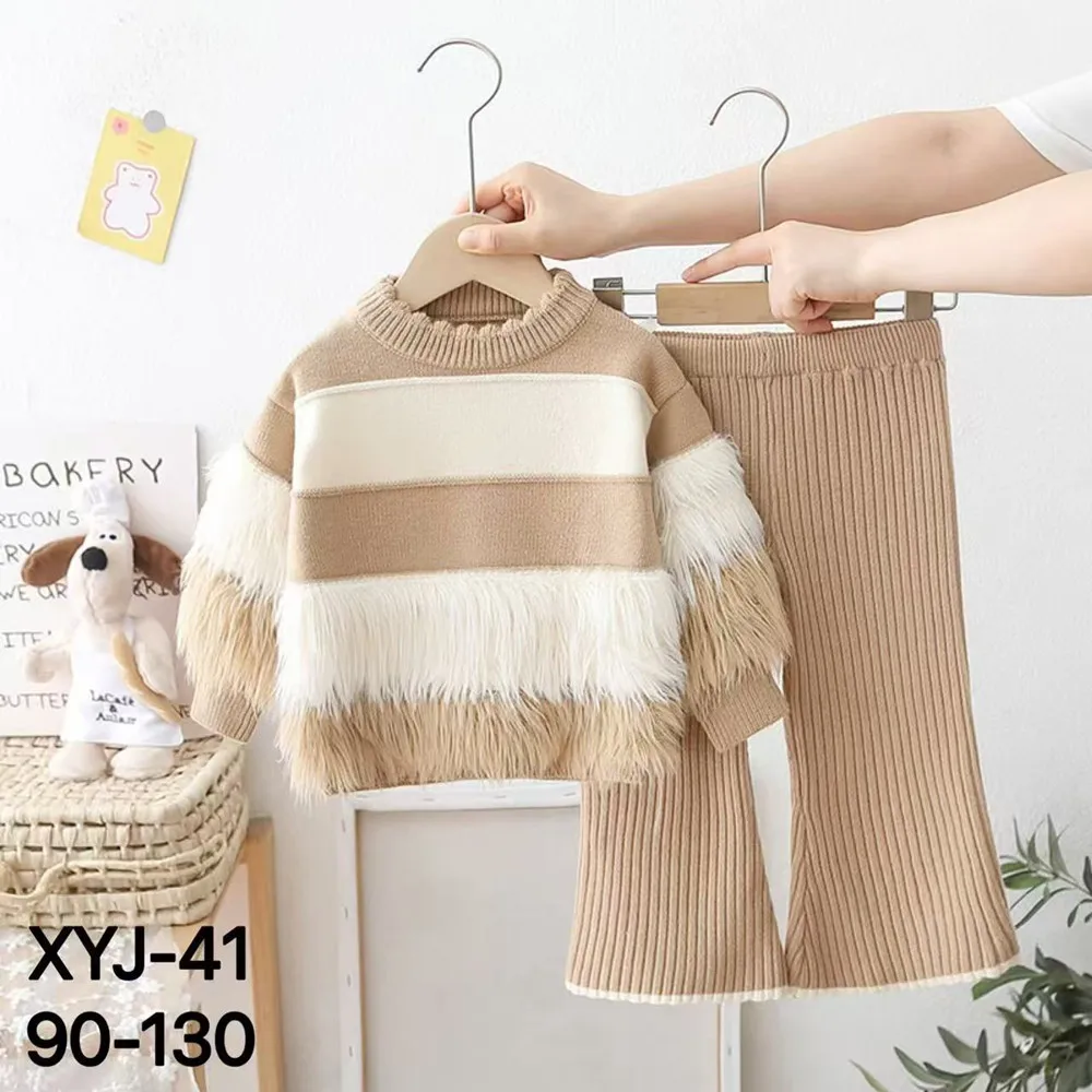 Girls' Sweater Set Autumn And Winter 2026 New Children's Knitted Sweater Bellbottom Pants Knitted Two Piece Set Kids Outfits