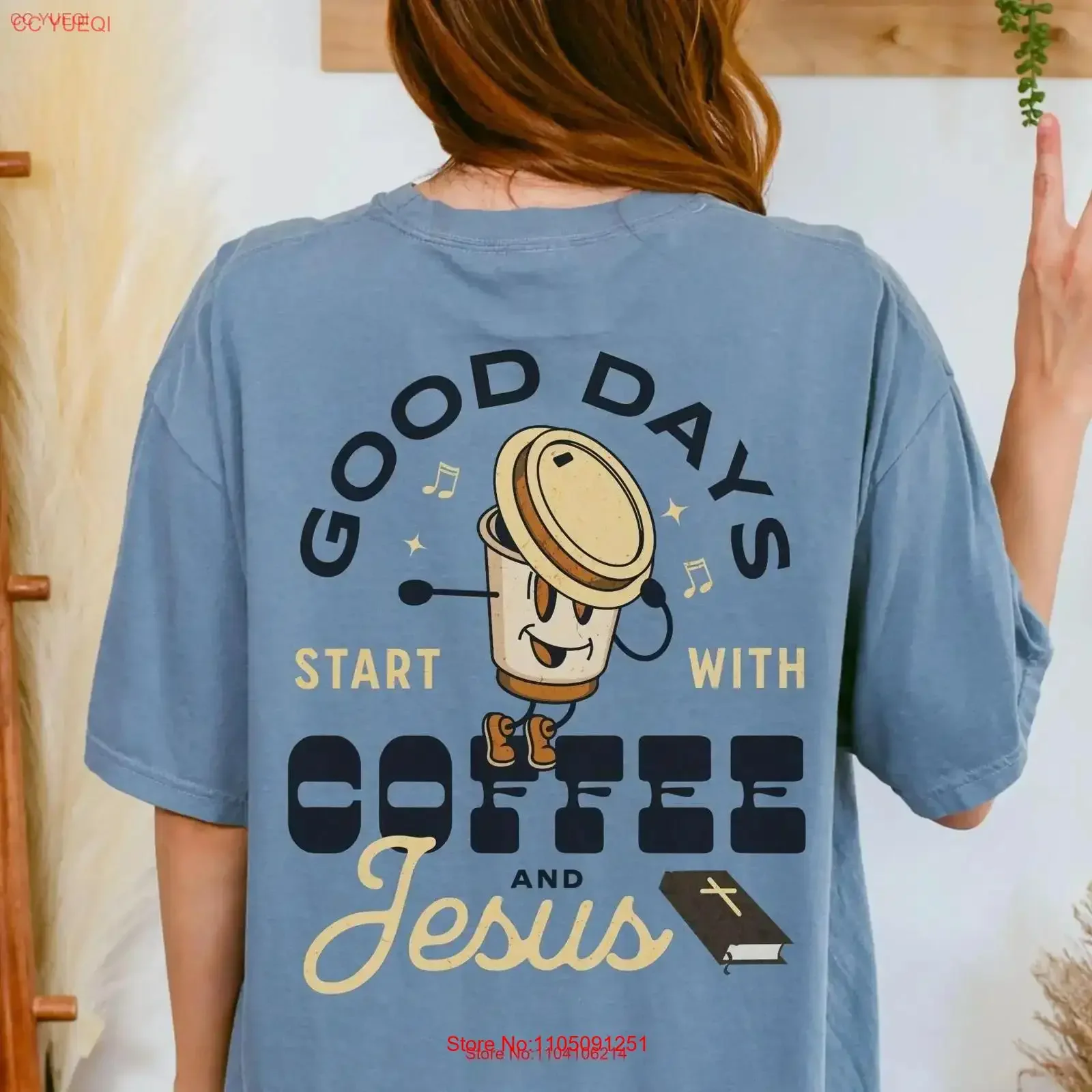 Christian T Shirt Women Jesus and Coffee Retro Clothing Vintage Faith Based Religious Apparel Cute vintage Washed Stretched
