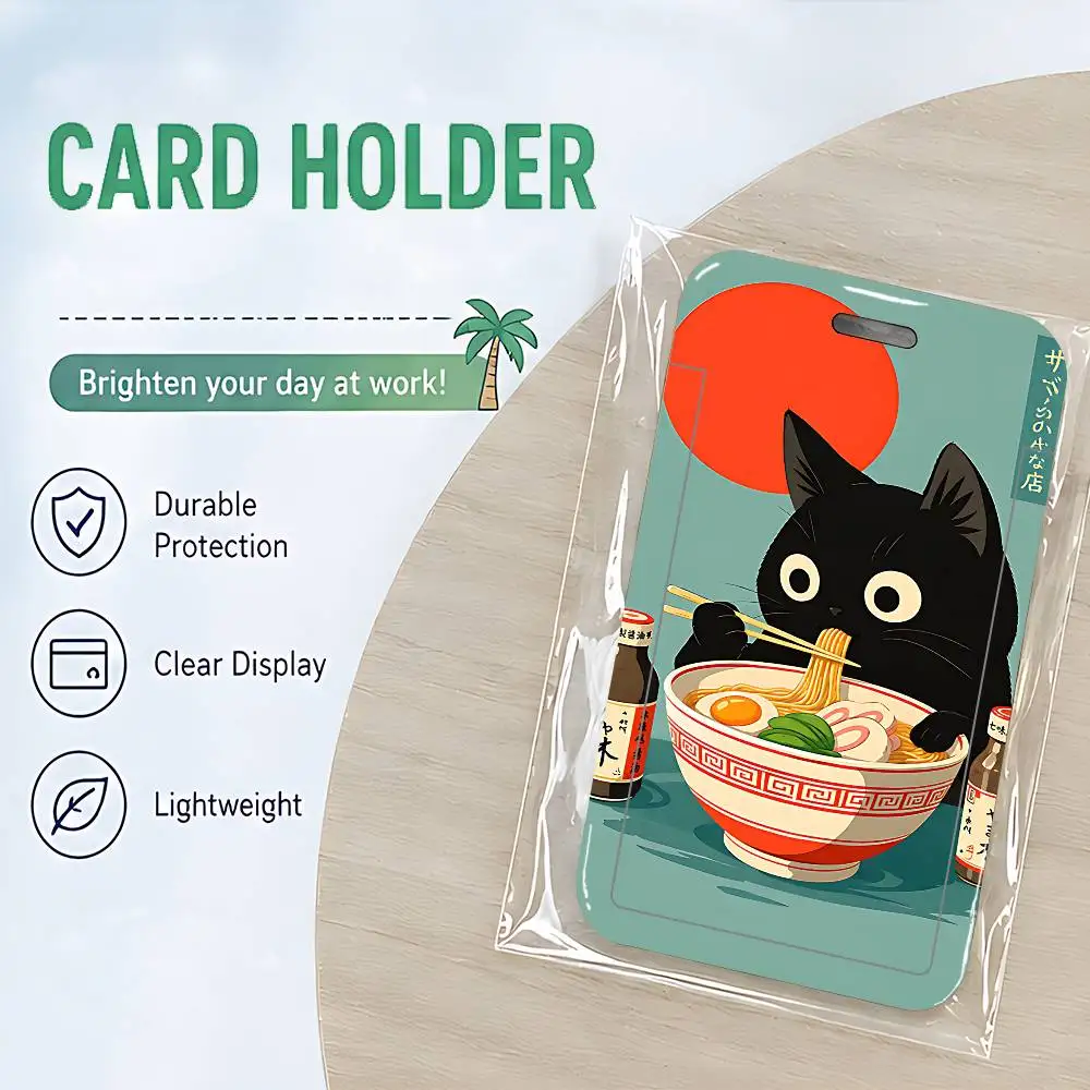 Black Cat Ramen Acrylic ID Badge Holder Neck Strap Pendant Door Card Holders Lanyards Credential Holder, Durable PVC Material