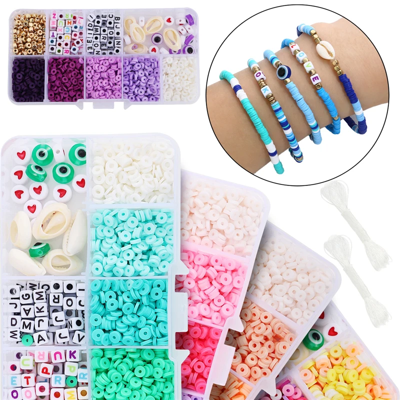 10 Grid, Boxed Beads Kits for Jewelry Making, Polymer Clay, Acrylic Letter Seed Beads Set, Elastic Cord for Girls, DIY Bracelet