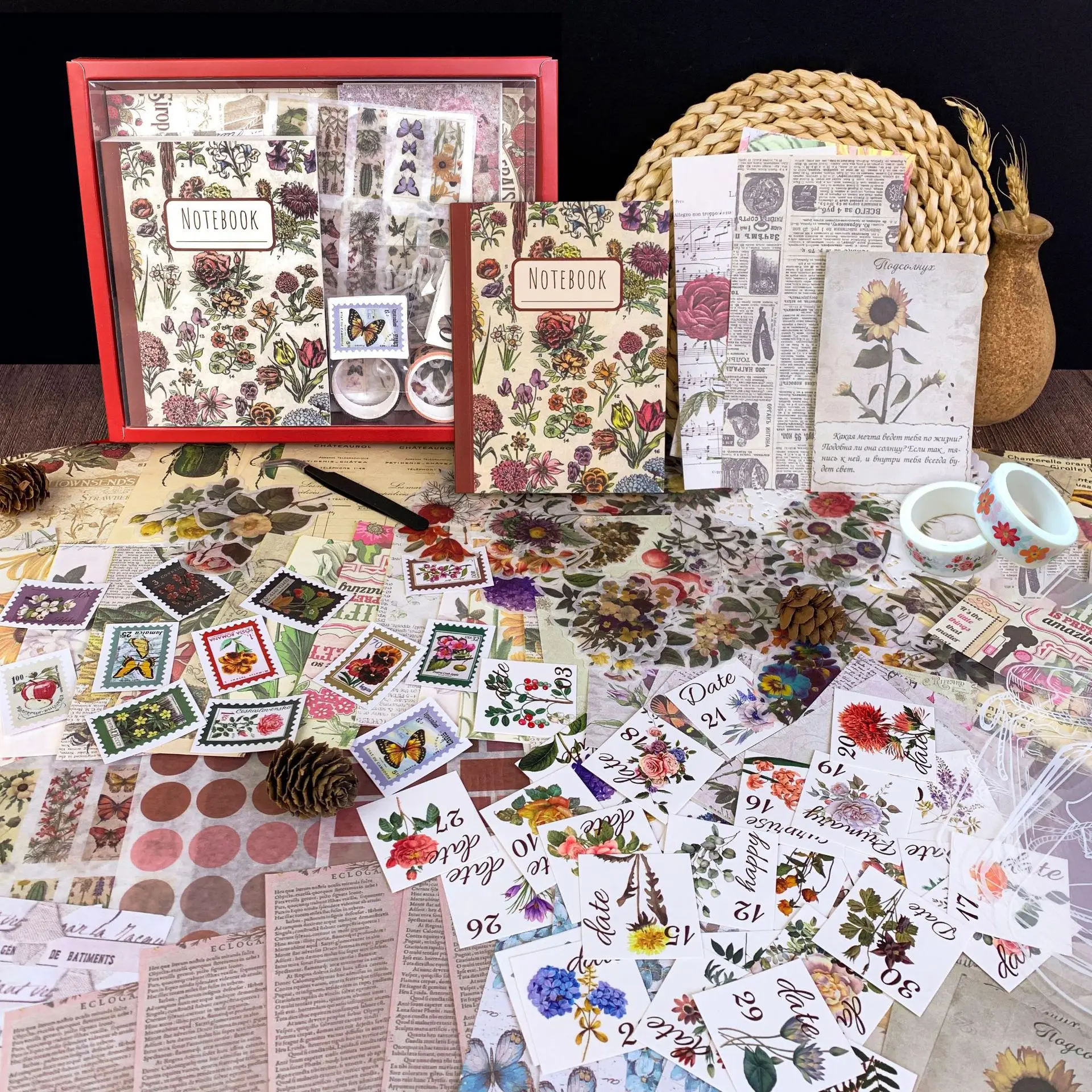 265pcs Journal Stickers Vintage Aesthetic Floral Plant DIY Scrapbook Kit Gift Box Journaling Craft Stationery Supplies