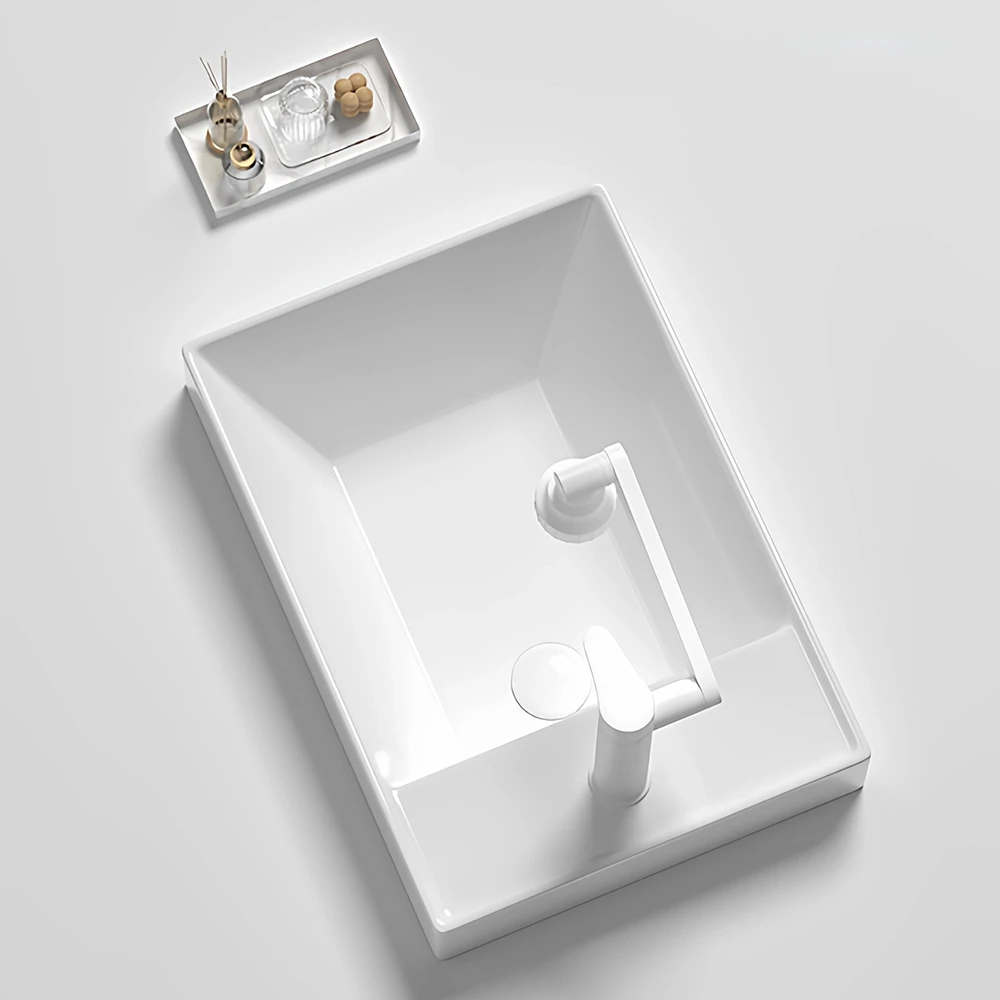Bathroom Vanity Sink Semi Recessed Countertop Basin Rectangular Ceramic Hand Wash Basin Modern Embedded Lavatory Basin For House