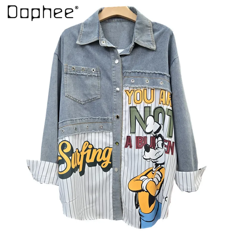 

Модная свободная посадка в европейском стиле, лоскутная джинсовая рубашка с мультяшным принтом, женская осенняя рубашка с длинными рукавами в уличном стиле, женские топы