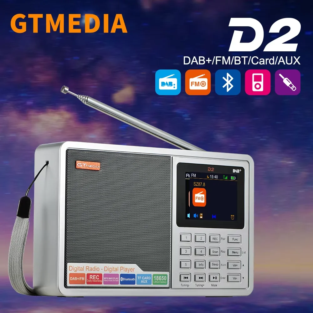 GTMEDIA-Haut-parleur Bluetooth numérique, Radio wiches, DAB, Entrée AUX, Fente pour carte TF, Lecteur MP3, Horloge d'enregistrement, Alarme, Minuterie de sommeil, Batterie 18650