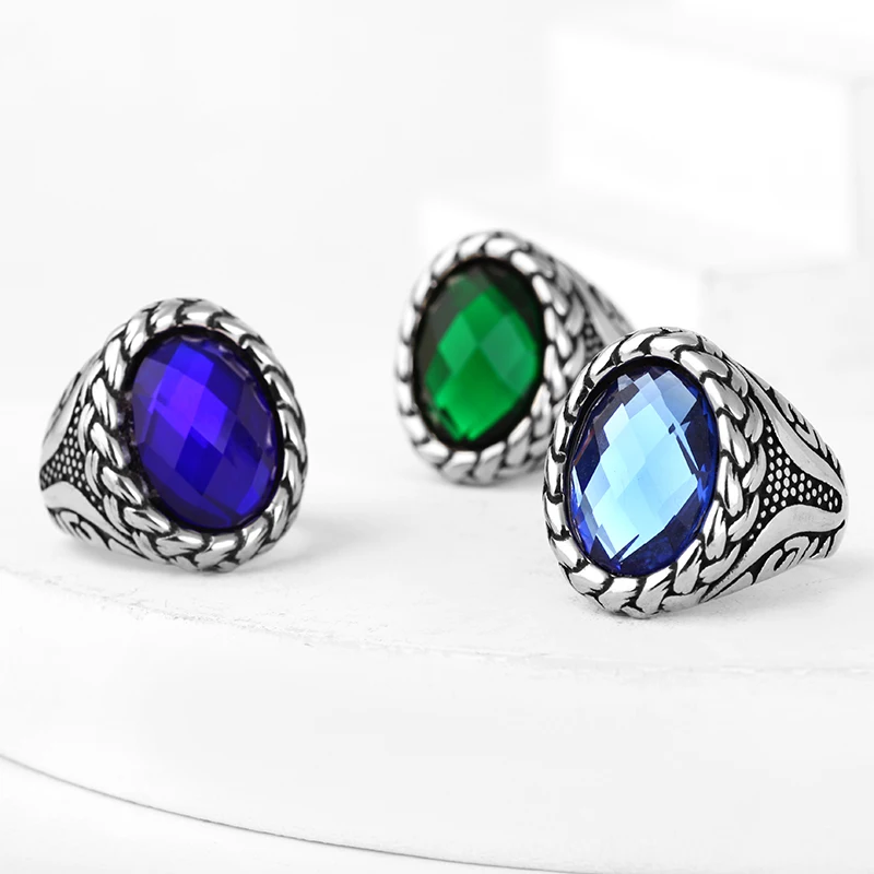 Fashion Vintage Man Boy Round Natural Stones Ring in Stainless Steel Jewelry Mens Accessories Anel Aneis Wedding Gift