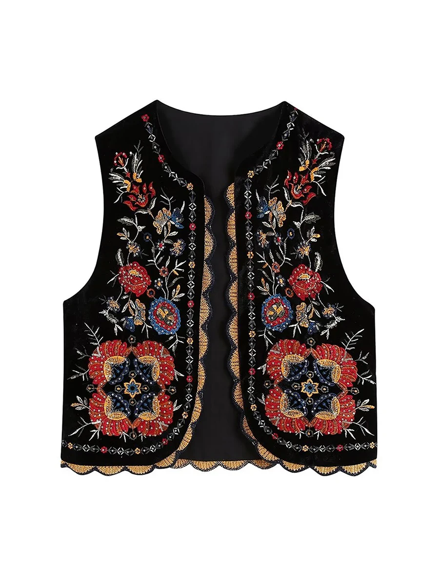 

Women Vintage Boho Floral Embroidered Gilets Sleeveless Crop Cardigan Tops Open Front Vest Outwear Jackets