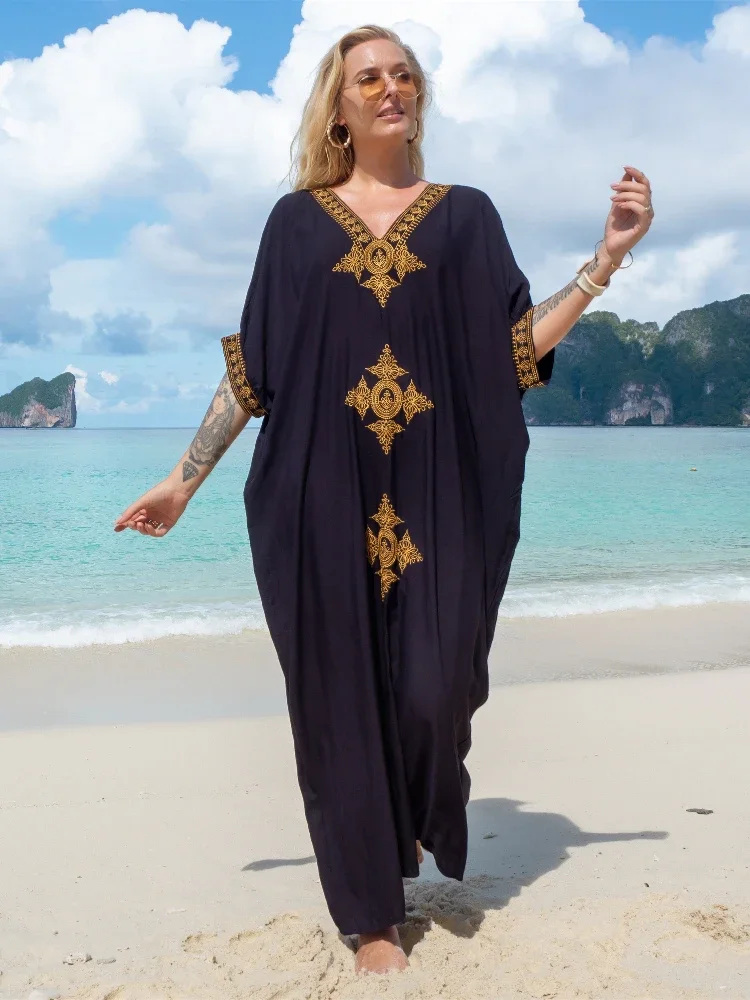 

2024 Elegant Gold Embroidered Kaftan Retro V-neck White Dress Plus Size Women Clothes Summer Beach Wear Swim Suit Cover Up Q1373