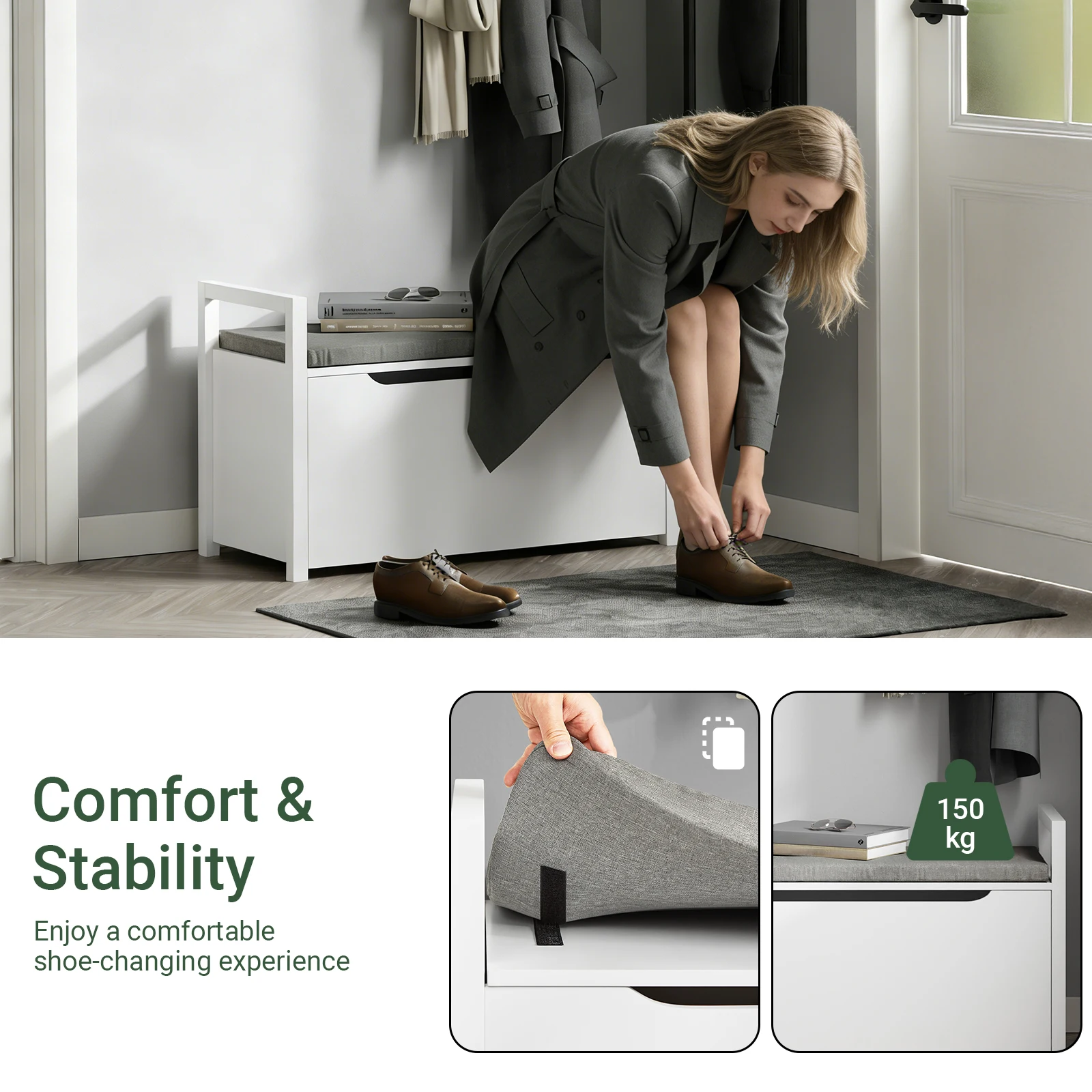 SoBuy FSR76-W Truhenbank mit Sitzfläche Sitzbank mit Stauraum Sitztruhe mit Klappe Spieltruhe Belastbarkeit 120 kg Weiß – Detail 2