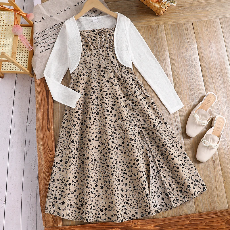 Herbst Neue Heiße Verkauf Kinder Kleidung 2PCS Einfarbig Weiß Strickjacke & Sling Floral Gedruckt A-Line Kleid Für mädchen 8-12 Jahre Täglich