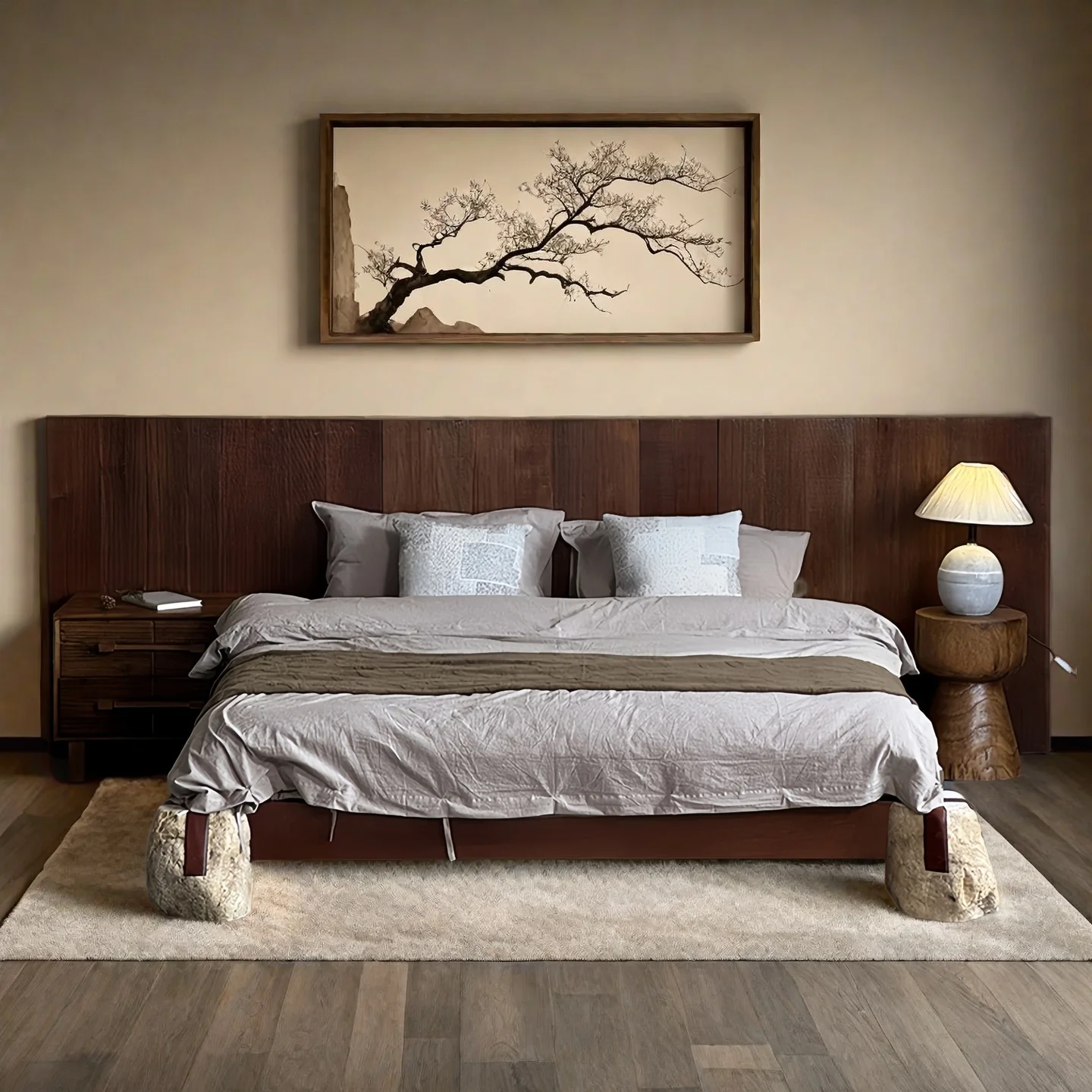Wabi-sabi wind log bed solid wood double bed primary and secondary bedroom tatami bed and breakfast hotel weathered wood stone f