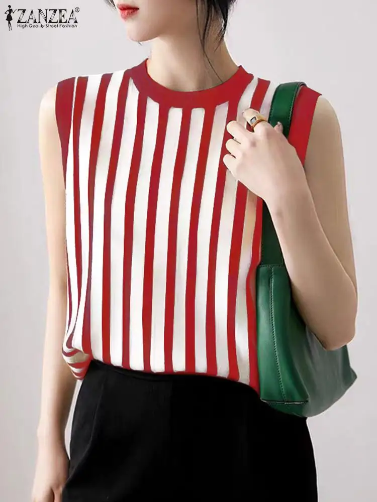 

Women Stripes Tank Tops Casual Sleeveless Knitted Tanks ZANZEA 2024 Summer Round Neck Camis Korean Fashion Office Vest Oversized